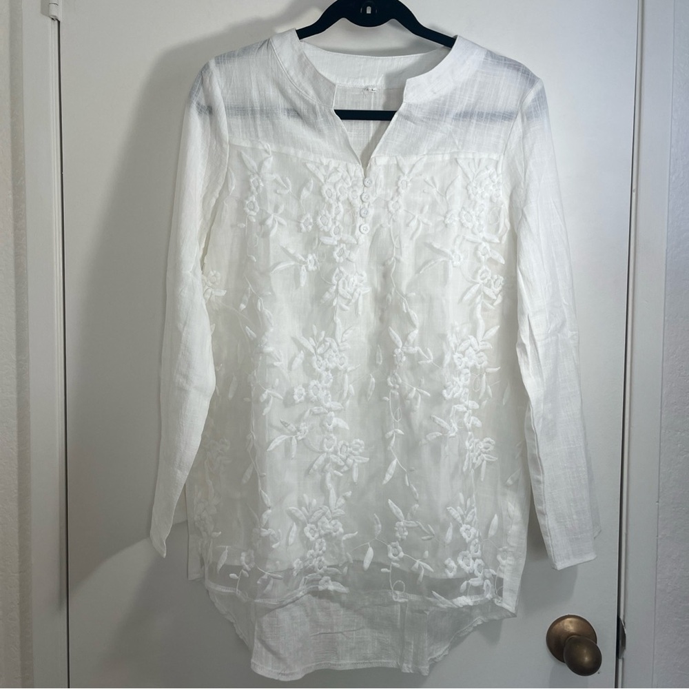 Women’s White Floral Embroidered Long Sleeve Tunic Top Large Sheer Lined
